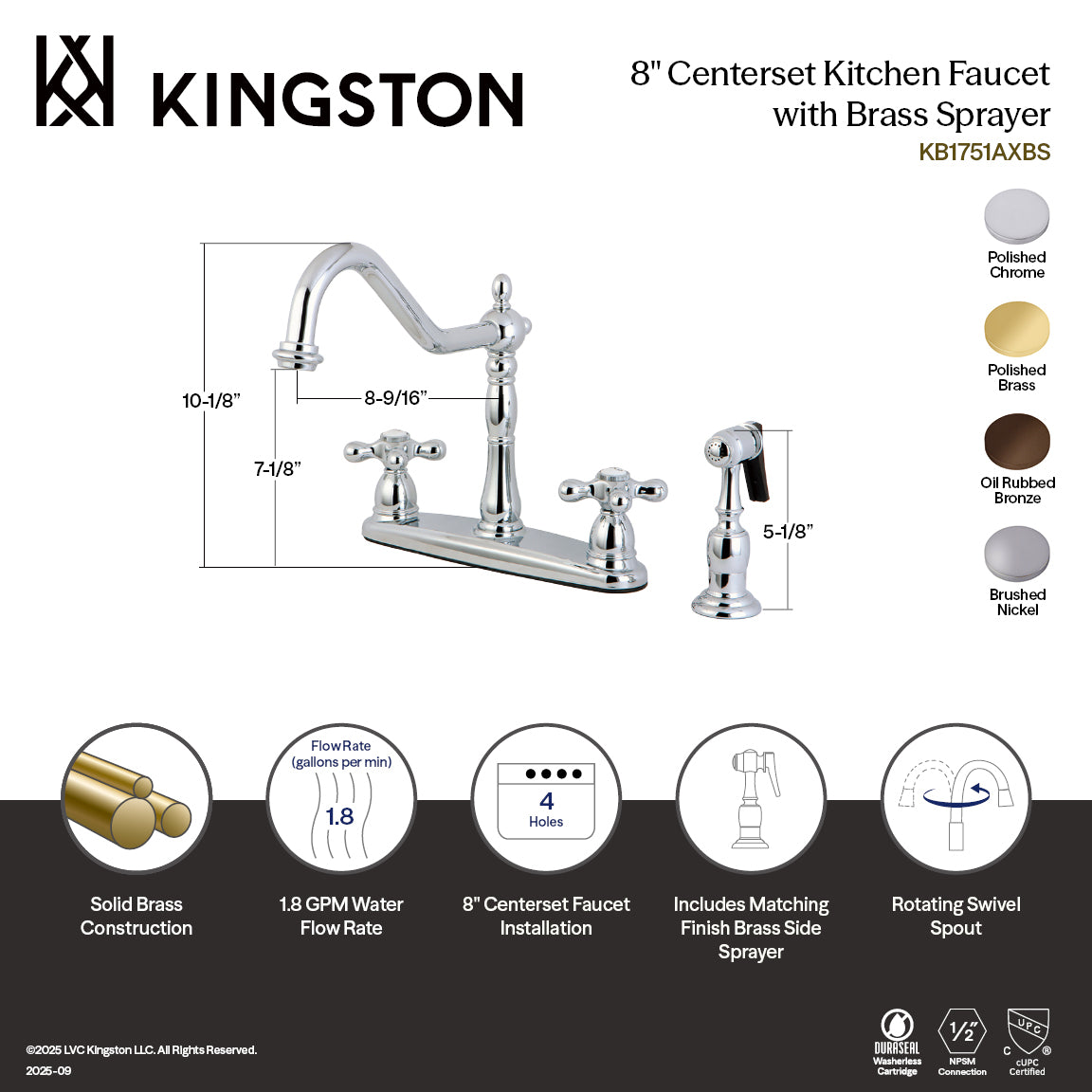 Kingston Heirloom KB1751AXBS - Heritage Two-Handle 4-Hole 8" Centerset Kitchen Faucet with Brass Sprayer, Polished Chrome — thumbnail 3